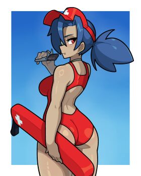 Rule 34 | 1girl, absurdres, alternate costume, ass, blue background, blue hair, border, candy, chocolate, chocolate bar, cowboy shot, eyepatch, food, from behind, highres, lifebuoy, lifeguard, looking back, muds, muds (tentacles r us), one-piece swimsuit, ponytail, red eyes, scar, scar on face, skullgirls, solo, swim ring, swimsuit, thick thighs, thighs, torpedo buoy, valentine (skullgirls), visor cap, white border