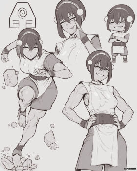 1girl absurdres aged_up alternate_breast_size_(larger) ankle_cuffs artist_name avatar:_the_last_airbender avatar_legends barefoot biceps blind blush breasts floating_rock geokinesis hair_bun hairband hand_on_own_hip highres medium_breasts monochrome multiple_views muscular muscular_female rock short_hair sleeveless smile speedl00ver thick_thighs thighs tongue tongue_out toph_beifong tunic wrist_cuffs