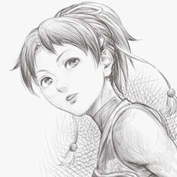 1girl commentary_request crosshatching greyscale hair_ribbon hatching_(texture) kuroneco monochrome nanase_(arika) ponytail ribbon short_hair short_ponytail signature solo street_fighter street_fighter_ex_(series)