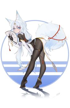 1girl :t absurdres animal_ears anklet backless_dress backless_outfit bangle bent_over black_bodysuit blue_eyes blue_hair bodysuit bodysuit_under_clothes bracelet breasts clothing_cutout commentary_request detached_collar dress elbow_gloves folding_fan fox_ears fox_girl fox_tail full_body gloves gold_bangle gradient_hair hand_fan hand_on_own_knee highres holding holding_fan jewelry long_hair looking_at_viewer low_twintails multicolored_hair original pelvic_curtain pout ribbon second-party_source side_slit simple_background small_breasts stillnolatex stomach_cutout strapless strapless_dress tail tail_ornament tail_ribbon thigh_strap twintails very_long_hair white_background white_dress white_gloves white_hair