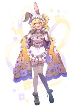 Rule 34 | 1girl, :d, absurdres, animal ear fluff, animal ears, ankle boots, apron, black boots, black thighhighs, blonde hair, blush, boots, breasts, cleavage, commentary request, frilled apron, frilled hairband, frills, full body, garter straps, hair between eyes, hairband, heart, heart hands, heart in heart hands, highres, japanese clothes, kemonomimi mode, kimono, lace, lace-trimmed thighhighs, lace-up boots, lace trim, large breasts, long hair, long sleeves, looking at viewer, magia record: mahou shoujo madoka magica gaiden, mahou shoujo madoka magica, open mouth, rabbit ears, rabbit girl, red eyes, serizawa serizane, side ponytail, simple background, smile, solo, standing, sweatdrop, thighhighs, togame momoko, white apron, white background, wide sleeves, yellow kimono