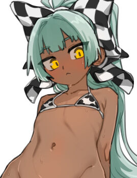 1girl :< aqua_hair bikini blush bow checkered_bow checkered_clothes commentary_request dark-skinned_female dark_skin eiyuu_senki eiyuu_senki_ww eumenes_(eiyuu_senki) flat_chest from_below hair_bow hip_bones long_hair looking_at_viewer matangom navel solo sweat swimsuit upper_body