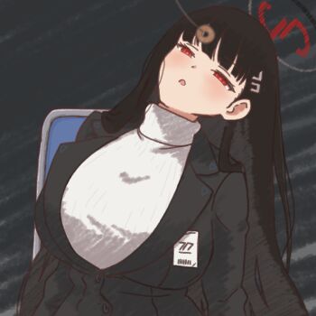 1girl black_hair black_jacket blazer blue_archive blush breasts chair coin coin_on_string commentary_request hair_ornament hairclip halo highres hypnosis jacket large_breasts long_hair mind_control mushiyaki_bacon open_mouth red_eyes ribbed_sweater rio_(blue_archive) sitting solo sweater turtleneck turtleneck_sweater white_sweater