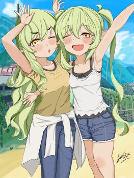 Rule 34 | 2girls, absurdres, alternate costume, blue archive, color connection, cosplay, day, denim, denim shorts, fos1x, green hair, hair color connection, highres, higurashi no naku koro ni, hikari (blue archive), multiple girls, nozomi (blue archive), outdoors, parody, rural, shorts, siblings, sisters, sonozaki mion, sonozaki mion (cosplay), sonozaki shion, sonozaki shion (cosplay), twins, twintails, yellow eyes