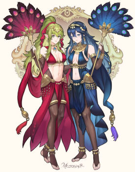 2girls adapted_costume alternate_costume bare_shoulders blue_eyes blue_hair bracelet breasts bridal_gauntlets bridal_legwear cleavage closed_mouth cosplay dancer dorothea_arnault dorothea_arnault_(cosplay) dorothea_arnault_(plegian) dorothea_arnault_(plegian)_(cosplay) fire_emblem fire_emblem:_three_houses fire_emblem_awakening fire_emblem_heroes gold_collar green_eyes green_hair hair_between_eyes hair_ornament hand_fan harem_outfit holding holding_fan jewelry long_hair looking_at_viewer lucina_(fire_emblem) medium_breasts meziosaur multiple_girls navel nintendo pantyhose pelvic_curtain pointy_ears ponytail revealing_clothes sideboob small_breasts smile stomach thighlet tiara tiki_(adult)_(fire_emblem) tiki_(fire_emblem)