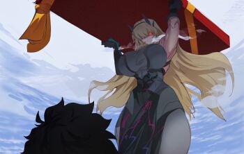 1boy 1girl abs arms_up bare_shoulders barghest_(fate) barghest_(second_ascension)_(fate) biceps black_dress black_gloves black_hair blonde_hair blue_sky box breasts covered_navel dress elbow_gloves fate/grand_order fate_(series) fujimaru_ritsuka_(male) gift gift_box gloves glowing glowing_eye grey_pantyhose highres horns huge_breasts long_hair looking_at_viewer muscular muscular_female obazzotto oversized_object pantyhose pelvic_curtain red_eyes short_hair sky thighs