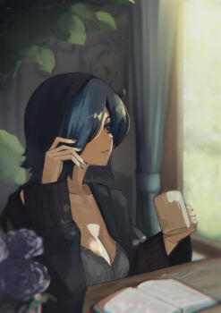 1girl adjusting_hair black_hair black_jacket book breasts cleavage closed_mouth collarbone cup dakara025250 flower hair_over_one_eye highres holding holding_cup indoors jacket kirishima_touka large_breasts medium_hair open_book open_clothes open_jacket plant shiny_skin smile solo table tokyo_ghoul window