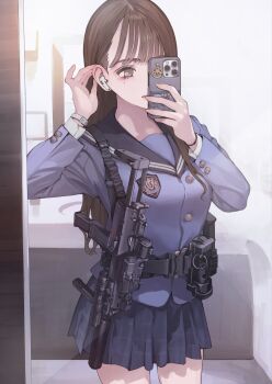 1girl absurdres adjusting_hair badge belt black_eyes black_hair blue_shirt blue_skirt breasts cellphone collarbone commentary_request covering_face earbuds earphones flashbang flashlight grenade_pin gun gun_sling h&amp;k_mp7 highres holding holding_phone indoors koh_(minagi_kou) long_hair long_sleeves looking_at_phone magazine_(weapon) medium_breasts mirror mirror_selfie mole mole_under_eye optical_sight original phone phone_over_face pleated_skirt public_restroom reflection reflection_focus revision sailor_collar school_uniform selfie serafuku shirt signature sink skirt smartphone submachine_gun suppressor tactical_school_uniform tucking_hair watch weapon wristband