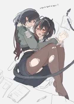 2girls absurdres animal_ears black_hair blush checkered_necktie eardoor_1022 green_eyes grey_jacket hashtag-only_commentary highres jacket jane_doe_(zenless_zone_zero) long_hair looking_at_another mouse_ears mouse_girl mouse_tail multicolored_hair multiple_girls necktie office police police_uniform policewoman ponytail red_eyes short_hair sitting sitting_on_person streaked_hair sweater tail turtleneck turtleneck_sweater zenless_zone_zero zhu_yuan