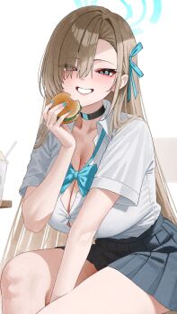 1girl aqua_halo aqua_nails aqua_ribbon asuna_(blue_archive) black_choker black_skirt blue_archive blue_eyes blush breasts brown_hair choker collared_shirt eyes_visible_through_hair food hair_over_one_eye hair_ribbon halo highres holding holding_food kono_(xerondan321) large_breasts long_hair looking_at_viewer pleated_skirt ribbon shirt short_sleeves simple_background sitting skirt smile solo white_background white_shirt