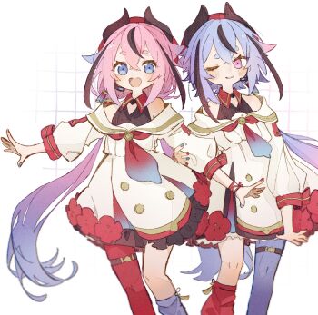 2others a.i._voice asymmetrical_legwear bare_shoulders belt beret black_dress black_horns black_streaks blue_eyes blue_hair blue_nails blue_pantyhose blue_socks blush buttons double-breasted double-parted_bangs dress feet_out_of_frame flower gradient_hair gradient_necktie grid_background grin gynoid_talk hat headset highres holding_another&#039;s_arm horned_hat horns kokonama layered_dress long_hair low_ponytail low_twintails meika_hime meika_mikoto multicolored_hair multicolored_nails multiple_others nail_polish necktie one_eye_closed open_mouth outstretched_arms pantyhose pink_eyes pink_hair pleated_dress plum_blossoms ponytail puffy_sleeves red_hat red_nails red_necktie red_pantyhose red_ribbon red_socks ribbon short_eyebrows sidelocks single_leg_pantyhose single_loose_sock smile socks spread_arms streaked_hair thick_eyebrows thigh_belt thigh_strap three-quarter_sleeves twintails two-sided_dress two-sided_fabric very_long_hair white_dress wrist_ribbon