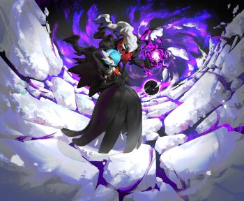 Rule 34 | absurdres, alternate color, black dress, black gloves, black skin, blue eyes, blue hair, bob cut, colored skin, commentary, darkrai, dress, elbow gloves, gardevoir, gen 3 pokemon, gen 4 pokemon, gloves, hair over one eye, highres, jazeetc, legendary pokemon, mega gardevoir, mega pokemon, mythical pokemon, nintendo, orange eyes, pokemon, pokemon (creature), shadow ball (pokemon), shiny pokemon, strapless, strapless dress, white skin