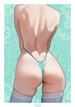 1girl absurdres aqua_background aqua_panties artist_name ass back back_focus border commentary_request from_behind head_out_of_frame highleg highleg_panties highres indie_virtual_youtuber lace_trim median_furrow mint_fantome mole mole_on_ass mole_on_thigh panties rukunikun shoulder_blades skindentation solo standing thighhighs thighs underwear virtual_youtuber white_border white_thighhighs
