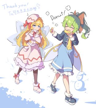 Rule 34 | 2girls, absurdres, blonde hair, blue eyes, blue shirt, blue skirt, closed eyes, closed mouth, daiyousei, donut, dress, food, frilled dress, frilled skirt, frills, green hair, hair ribbon, hat, highres, holding, holding donut, holding food, lily white, long hair, long sleeves, multiple girls, pink dress, pink hat, pink shoes, primsla, ribbon, scarf, shirt, shoes, simple background, skirt, touhou, white background, winter, yellow ribbon