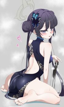 1girl absurdres ass back_cutout bare_legs barefoot bikini black_dress black_hair black_panties blue_archive blush butterfly_hair_ornament china_dress chinese_clothes clothing_cutout double_bun dragon_print dress hair_bun hair_ornament halo highres kisaki_(blue_archive) loli long_hair looking_at_viewer looking_back median_furrow panties rei_hinasuki side-tie_bikini_bottom simple_background sitting sleeveless sleeveless_dress smile soles solo steaming_body string_panties sweat swimsuit toes twintails underwear unworn_panties very_long_hair wariza