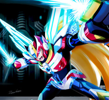 1boy android armor artist_name black_gloves blonde_hair blue_eyes chest_jewel dive_armor_zero_(mega_man) dual_wielding energy_sword energy_wings forehead_jewel gloves helmet highres holding holding_sword holding_weapon holographic_wings long_hair male_focus mega_man_(series) mega_man_x_(series) mega_man_x_dive ponytail red_armor red_helmet robot robot_ears screaming shoulder_armor signature solo sword teeth very_long_hair weapon z_saber zero_(mega_man) znivans