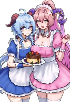 2girls alternate_costume apron blue_hair blue_skirt breasts cake cleavage closed_mouth collarbone fire_emblem fire_emblem_heroes food fruit ganyu_(genshin_impact) genshin_impact goat_horns highres horns large_breasts long_hair looking_at_viewer maid_apron maid_headdress medium_breasts multiple_girls nerthuz_(fire_emblem) nintendo open_mouth pink_hair pink_skirt ponytail purple_eyes rotomdocs skirt smile strawberry thighhighs white_thighhighs