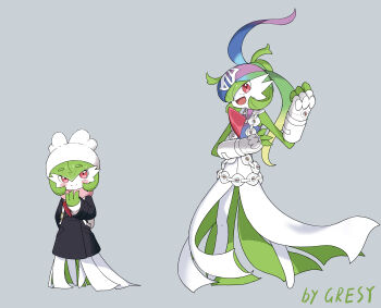 2girls ansha_(pokemon) ansha_(pokemon)_(cosplay) arm_behind_back artist_name backpack bag bandolier beanie belt black_coat blush blush_stickers bob_cut child clenched_hand closed_mouth clothed_pokemon coat colored_skin cosplay female_focus fingerless_gloves flat_chest full_body gardevoir gen_3_pokemon gloves gradient_hair green_hair green_skin gresy grey_background hair_between_eyes hairband hand_up happy hat korrina_(pokemon) korrina_(pokemon)_(cosplay) legs_apart long_hair long_sleeves looking_at_viewer mega_evolution_symbol mega_stone multicolored_hair multicolored_skin multiple_girls nintendo no_feet open_mouth pink_scarf pocket pokemon pokemon_(creature) pokemon_legends:_z-a rainbow_hair red_eyes scarf shirt short_hair signature simple_background sleeveless sleeveless_shirt smile split_mouth standing two-tone_shirt two-tone_skin white_gloves white_hat white_skin winter_clothes zipper_pull_tab