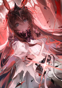 1girl absurdres amiya_(arknights) amiya_(demon_king)_(arknights) animal_ears arknights blue_eyes brown_hair chinese_commentary civilight_eterna commentary_request cowboy_shot crown crying crying_with_eyes_open dress glint highres lantern long_hair material_growth oripathy_lesion_(arknights) rabbit_ears rabbit_girl reaching solo standing streaming_tears tears torn_clothes torn_dress veil white_dress window xiao_yang_su_ji