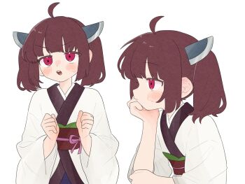 1girl brown_hair hand_up hashtag-only_commentary head_rest highres japanese_clothes kimono komori_kamome multiple_views obi red_eyes sash simple_background touhoku_kiritan upper_body voiceroid white_background white_kimono