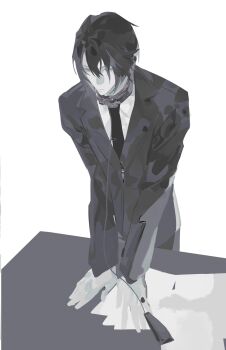 1boy animal_collar black_hair black_jacket black_necktie black_pants black_suit collar collared_shirt dirge_of_cerberus:_final_fantasy_vii final_fantasy final_fantasy_vii formal_clothes hair_between_eyes highres jacket leaning_forward leash lokko_nai male_focus necktie pants paper shirt short_hair solo suit suit_jacket table upper_body vincent_valentine white_background white_shirt