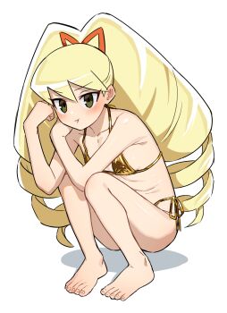 1girl :t alternate_costume barefoot bikini blonde_hair collarbone commentary_request drill_hair feet flat_chest full_body gold_bikini hands_up high_ponytail highres long_hair luna_platz_(mega_man) mega_man_(series) mega_man_star_force_(series) ogi_non pectorals ponytail pout shadow side-tie_bikini_bottom simple_background skinny solo squatting swimsuit toes tsurime twin_drills white_background yellow_eyes