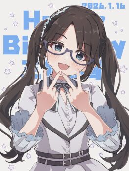 Rule 34 | 1girl, black hair, blue-framed eyewear, blush, buttons, commentary request, dated, double v, dress, grey dress, hair ornament, happy birthday, highres, idolmaster, idolmaster shiny colors, long hair, mitsumine yuika, necktie, open mouth, pippo (pippo314), semi-rimless eyewear, smile, solo, twintails, under-rim eyewear, v