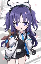 Rule 34 | 1girl, absurdres, backpack, bag, black gloves, black skirt, blue archive, blue necktie, blush, collared shirt, cowboy shot, gloves, halo, highres, jacket, long hair, long sleeves, looking at viewer, mechanical halo, necktie, open clothes, open jacket, open mouth, pleated skirt, purple eyes, purple hair, shirt, signature, skirt, solo, tears, thomason366, two side up, white jacket, white shirt, yuuka (blue archive)