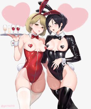2girls absurdres ada_wong animal_ear_hairband animal_ears ashley_graham bad_id bad_twitter_id black_bow black_bowtie black_eyes black_hair black_leotard black_thighhighs blonde_hair bow bowtie breastless_clothes breastless_leotard collared_shrug cowboy_shot cup detached_collar drinking_glass fake_animal_ears fingernails hairband heart_pasties highres holding holding_tray leotard lips looking_at_viewer multiple_girls nail_polish pasties rabbit_ear_hairband rabbit_ears red_bow red_bowtie red_leotard red_nails resident_evil resident_evil_4 short_hair shrug_(clothing) side-by-side standing thighhighs tray twitter_username white_thighhighs wine_glass yellow_eyes yh114019