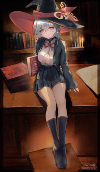 absurdres ankle_socks blue_archive book bookshelf bow bowtie braid breasts candle cleavage eri_(blue_archive) halo hat highres jacket long_coat long_hair mannaha7 on_table open_book orange_eyes panties partially_unbuttoned particles room shirt skirt smile socks stool sweater table underwear upskirt white_hair witch_hat