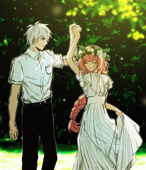 1boy 1girl alternate_costume black_pants blue_eyes collared_shirt dancing dress elf elysia_(honkai_impact) head_wreath highres holding_hands honkai_(series) honkai_impact_3rd kevin_kaslana long_braid long_hair pants photo_background pink_hair pointy_ears shirt smile star_(zhongyan88528) very_long_hair white_dress white_shirt