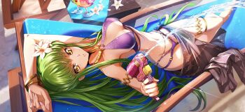 1girl aiming aiming_at_viewer arm_up armlet artist_request bare_shoulders bikini black_sarong blush breasts c.c. code_geass code_geass:_lost_stories female_focus finger_on_trigger firing flower game_cg gold green_hair highres holding holding_water_gun jewelry knees_together_feet_apart light_blush long_hair looking_at_viewer lying medium_breasts multi-strapped_bikini_bottom multi-strapped_bikini_top navel non-web_source o-ring o-ring_bikini official_art on_back parted_lips petals purple_bikini ring sarong see-through_clothes see-through_sarong sidelocks skindentation solo sparkle squirting_liquid stomach sweat swimsuit table teeth thighlet very_long_hair water water_gun white_flower yellow_eyes