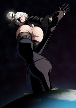1girl 2b_(nier:automata) ass blindfold boots earth_(planet) female_focus full_body giant giantess gloves highres lips mole mole_under_mouth moon nier:automata nier_(series) planet ravenravenraven short_hair solo thigh_boots thighhighs white_hair