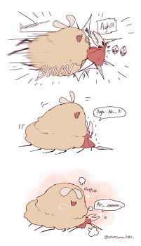 1girl antennae arthropod_girl artist_name awooo black_eyes black_skin cloak colored_skin cracked_mask english_text fangs flower fluffy full_body highres holding holding_weapon hollow_eyes hollow_knight hollow_knight:_silksong horned_mask hornet_(hollow_knight) horns huge_flea_(hollow_knight) katatsumuririri looking_at_another mask needle_(hollow_knight) no_humans pain red_cloak red_flower red_rose rose solo speech_bubble tackle thread trembling weapon white_mask