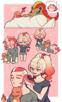 Rule 34 | 1boy, 1girl, absurdres, black shirt, blonde hair, brushing another's hair, brushing hair, charmander, commentary request, cowlick, gen 1 pokemon, gen 6 pokemon, gerokizoku, green eyes, grey pants, grey sweater, griselle (pokemon), grisham (pokemon), hair pulled back, highres, messy hair, multicolored hair, nintendo, orange hair, pajamas, pants, pokemon, pokemon (creature), pokemon legends: z-a, pyroar, pyroar (female), red hair, shirt, sleepy, split ponytail, sweater, two-tone hair, wavy hair, white hair