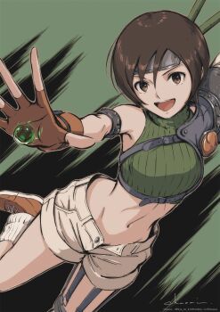 Rule 34 | 1girl, absurdres, armor, artist name, breasts, brown eyes, brown hair, chest strap, commentary request, cowboy shot, crop top, final fantasy, final fantasy vii, fingerless gloves, gloves, green background, green shirt, grey shorts, highres, loose socks, maid headdress, materia, medium breasts, midriff, navel, open fly, open mouth, orange gloves, orange shoes, outstretched hand, pauldrons, ribbed shirt, shirt, shoes, short hair, shorts, shoulder armor, single bare shoulder, single pauldron, smile, sneakers, socks, solo, tyanoki, yuffie kisaragi
