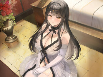 1girl absurdres babydoll bed bed_sheet black_hair blush breasts brown_eyes cleavage closed_mouth elbow_gloves floor flower garter_straps gloves highres indoors large_breasts leaf lingerie long_hair looking_at_viewer nightstand original panties red_flower red_rose rose sakamuke sidelocks sitting solo thighhighs tile_floor tiles underwear vase white_babydoll white_garter_straps white_gloves white_panties