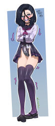 1girl absurdres ball_gag bdsm black_choker black_hair blue_eyes bondage bound breasts chastity_belt choker collar collared_shirt full_body gag gag_harness gagged highres looking_at_viewer lumpychan mary_janes medium_hair neckerchief original pink_shirt pleated_skirt purple_neckerchief purple_thighhighs sailor_collar saliva shirt shoes skindentation skirt slave small_breasts solo standing straitjacket thighhighs white_shirt