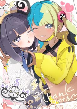2girls aqua_hair bandeau belt black_dress black_hair black_mask blonde_hair blue_eyes blue_gloves blunt_bangs blush bob_cut breasts canari_(pokemon) chandelure coat commentary_request criss-cross_straps dark-skinned_female dark_skin dress eelektross fangs fire gen_5_pokemon gloves gradient_hair gwynn_(pokemon) hat heart herunia_kokuoji highres jacket lightning_bolt_symbol long_sleeves looking_at_viewer mask mask_pull mega_stone mouth_mask multicolored_hair multicolored_nails multiple_girls navel nintendo o-ring o-ring_belt one_eye_closed open_clothes open_coat open_mouth pokemon pokemon_(creature) pokemon_legends:_z-a purple_eyes purple_fire purple_hair short_hair short_twintails smile split-color_hair sports_bra teeth twintails two-tone_hair two-tone_mask two-tone_nails white_coat yellow_bandeau yellow_eyes yellow_jacket yellow_mask yellow_sports_bra