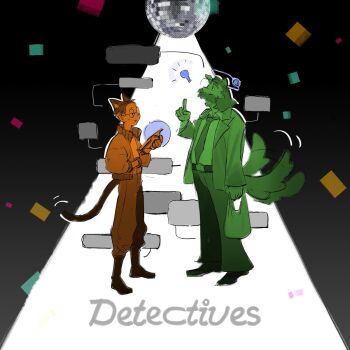 2boys animal_ears bag belt blank_speech_bubble blazer bomber_jacket book cat_boy cat_ears cat_tail collared_shirt color_contrast disco disco_elysium english_text facial_hair full_body furrification furry glasses harry_du_bois hashtag-only_commentary highres holding holding_bag holding_book index_finger_raised jacket kim_kitsuragi light_bulb multiple_boys mutton_chops necktie open_book pointing shirt speech_bubble standing tail tail_wagging unamused uni_barti wolf_boy