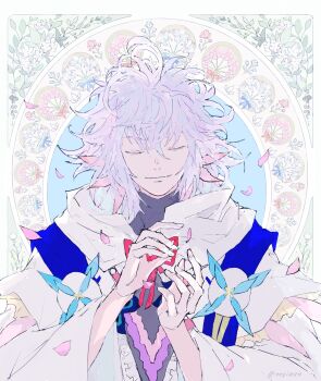Rule 34 | 1boy, artist name, cloak, closed eyes, closed mouth, fate/grand order, fate (series), floral background, flower, hair flower, hair ornament, hands up, highres, hood, hooded cloak, long sleeves, male focus, medium hair, merlin (fate), negi0084, petals, red ribbon, ribbon, solo, upper body, white hair, wide sleeves