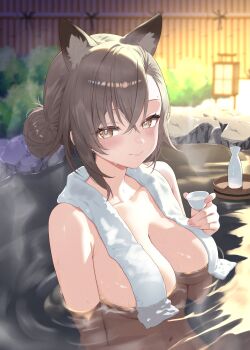 1girl absurdres alternate_hairstyle andon animal_ear_fluff animal_ears arknights bathing blush breasts brown_eyes brown_hair choko_(cup) cleavage closed_mouth collarbone completely_nude convenient_censoring cup dr.lamina fence film_grain hair_bun highres holding holding_cup lantern large_breasts looking_at_viewer nude onsen outdoors partially_submerged penance_(arknights) short_hair single_hair_bun smile solo steam tokkuri towel towel_around_neck upper_body water wolf_ears