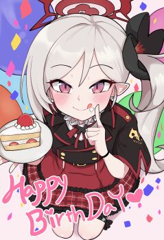 1girl :q absurdres black_jacket blue_archive blush cake cake_slice closed_mouth flower food grey_hair hair_flower hair_ornament halo happy_birthday highres holding holding_plate jacket long_hair looking_at_viewer mago_cats mutsuki_(blue_archive) plate pointy_ears purple_eyes red_halo red_skirt side_ponytail skirt smile solo tongue tongue_out