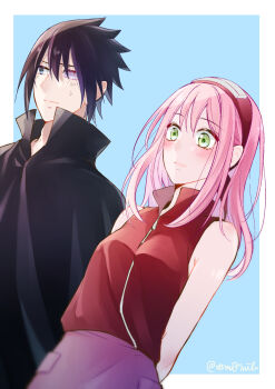 1boy 1girl arms_behind_back black_cloak black_eyes black_hair blue_background blush border cloak closed_mouth green_eyes hair_between_eyes haruno_sakura highres looking_down medium_hair naruto_(series) naruto_shippuuden outside_border pink_hair red_shirt rinnegan shirt short_hair sleeveless sleeveless_shirt t0m0mile twitter_username uchiha_sasuke white_border