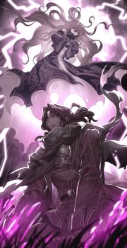 1boy 1girl absurdres aircon11 belt black_dress black_gloves blank_eyes brown_hair coat commentary dress english_commentary erlking_heathcliff_(project_moon) every_catherine_(project_moon) facial_hair floating floating_hair gloves grass grey_scarf highres limbus_company long_hair midair project_moon rain scarf sitting spoilers stubble tears wavy_hair white_eyes