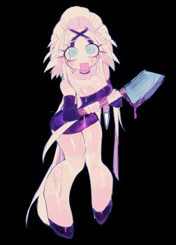 1girl @_@ axe black_background blood blood_on_axe bloody_weapon blue_eyes breasts choker cleavage commentary dr._stone dress english_commentary facial_mark forehead_mark full_body genderswap genderswap_(mtf) hair_slicked_back highres holding holding_axe holding_weapon long_hair long_sleeves looking_at_viewer medium_breasts off-shoulder_dress off_shoulder open_mouth purple_choker purple_dress purple_shoes rectangular_mouth shoes simple_background solo sweat usa37107692 very_long_hair weapon white_hair x_(symbol) x_facial_mark x_mark xeno_(dr.stone)