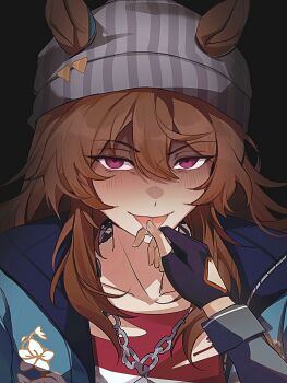 2girls animal_ears beanie black_background black_gloves blue_jacket brown_hair chain chain_necklace collarbone ears_through_headwear female_pov fingerless_gloves gloves grey_hat hair_between_eyes hashtag-only_commentary hat highres holding_another's_tongue horse_ears horse_girl jacket jenn_(sinclairfan1) jewelry long_hair looking_at_viewer multiple_girls nakayama_festa_(shichuukyuukatsu)_(umamusume) nakayama_festa_(umamusume) necklace portrait pov purple_eyes shaded_face sirius_symboli_(feroce)_(umamusume) sirius_symboli_(umamusume) tongue tongue_out umamusume yuri