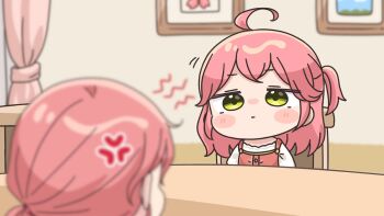 2girls ahoge anger_vein blurry blurry_background blurry_foreground blush_stickers chair chibi closed_mouth commentary_request curtains depth_of_field dress green_eyes hololive indoors mochimiko mother_and_daughter multiple_girls on_chair one_side_up pink_dress sakura_miko shirt sleeveless sleeveless_dress table virtual_youtuber white_shirt