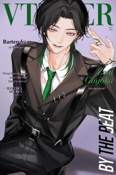 1boy black_hair collared_shirt earrings green_hair highres hnzw_kun jewelry long_sleeves looking_at_viewer male_focus medium_hair multicolored_eyes multicolored_hair nijisanji nijisanji_en open_mouth purple_background purple_eyes shirt single_earring smile solo virtual_youtuber white_shirt zeal_ginjoka