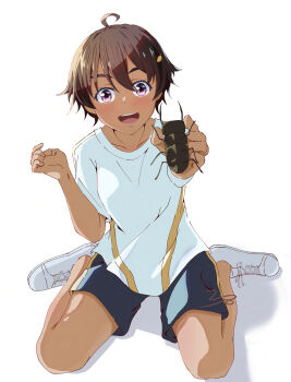 1girl absurdres ahoge blue_shorts blush bug dark-skinned_female dark_skin food-themed_hair_ornament full_body hair_ornament highres holding_bug lemon_hair_ornament looking_at_viewer make_heroine_ga_oo_sugiru! open_mouth purple_eyes reaching reaching_towards_viewer shirt shoes short_hair short_sleeves shorts signature sitting smile sneakers solo t-shirt teeth upper_teeth_only vbpicture wariza white_shirt white_shoes yakishio_lemon